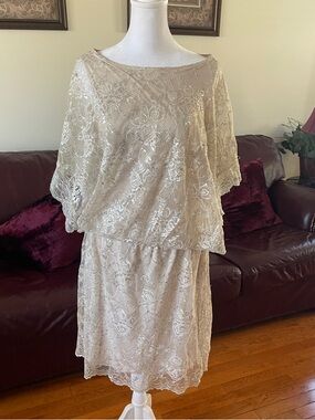 ECI New York Champagne Lace Overlay Cocktail Dress Size 12 Elegant